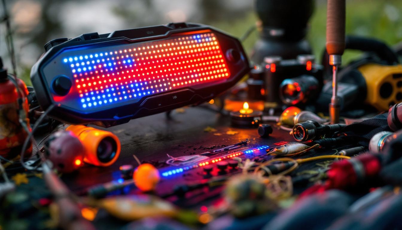 A photograph of a well-organized planer board setup featuring an led display