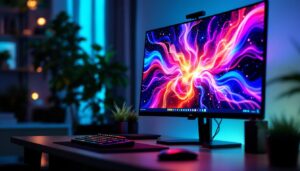 A photograph of a modern workspace featuring a multi-screen setup with vibrant led displays showcasing a visually striking desktop wallpaper