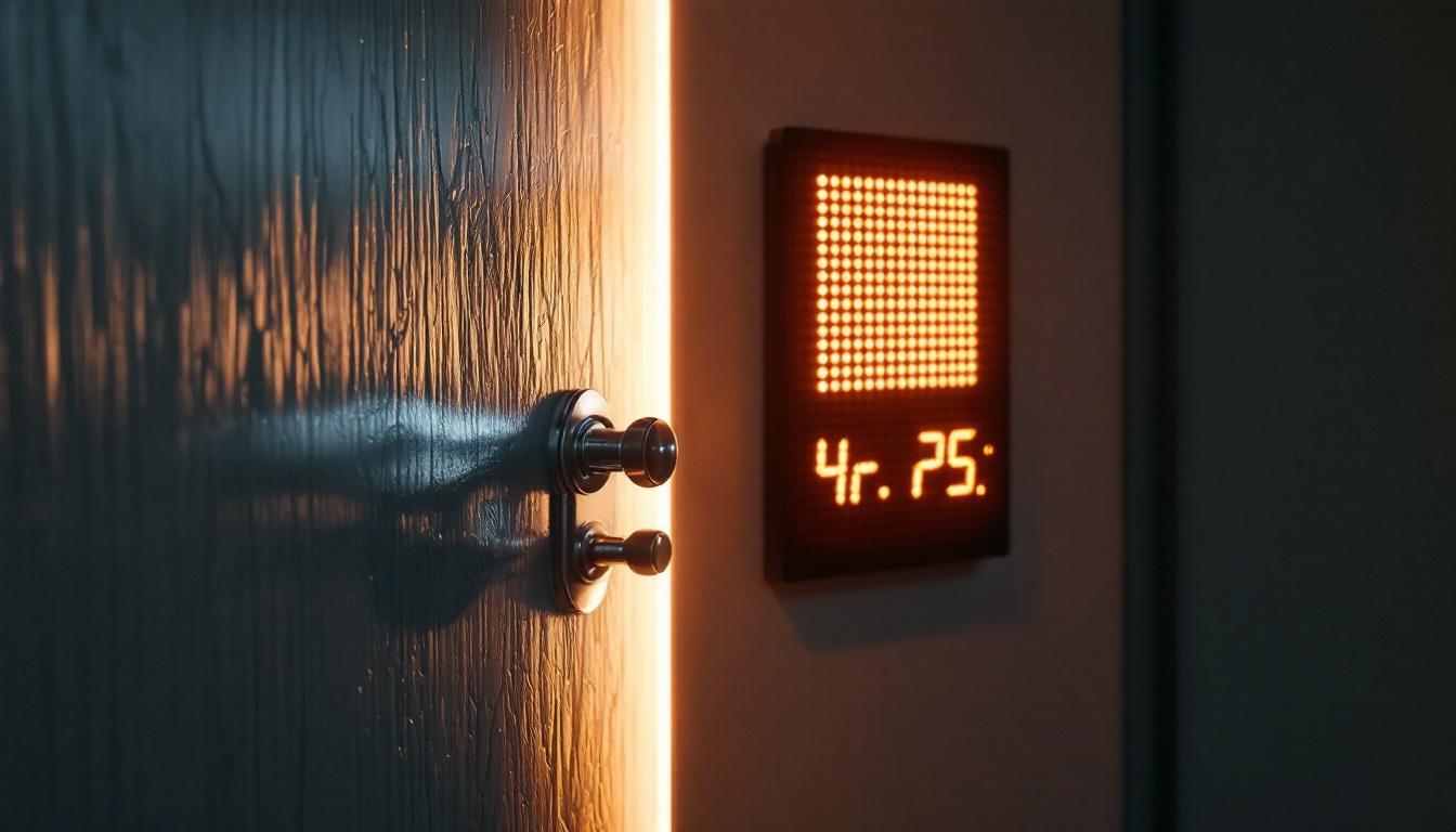 A photograph of a close-up view of a door that is visibly misaligned within its frame