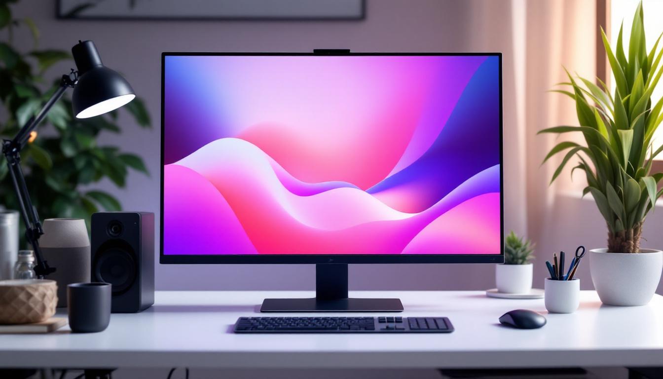 A photograph of a modern stand monitor desk setup featuring an led display