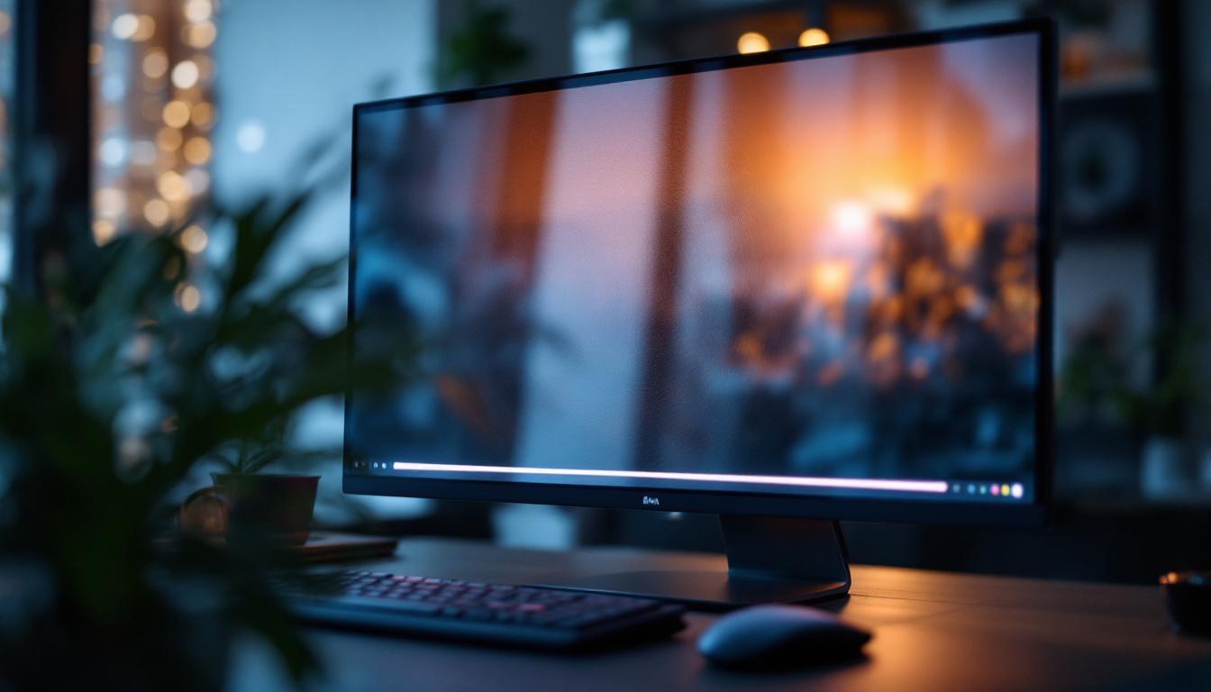 A photograph of a sleek computer monitor equipped with a privacy screen in a modern workspace setting