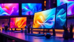 A photograph of a vibrant display of various led monitors arranged in an appealing layout