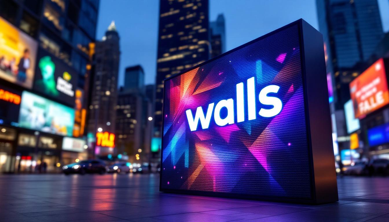 A photograph of a vibrant led display showcasing the walls logo in a dynamic urban setting