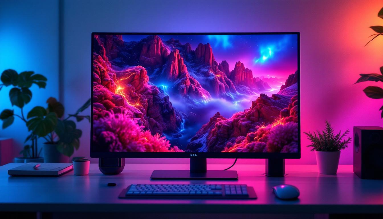 A photograph of a sleek micro led 4k monitor displaying vibrant