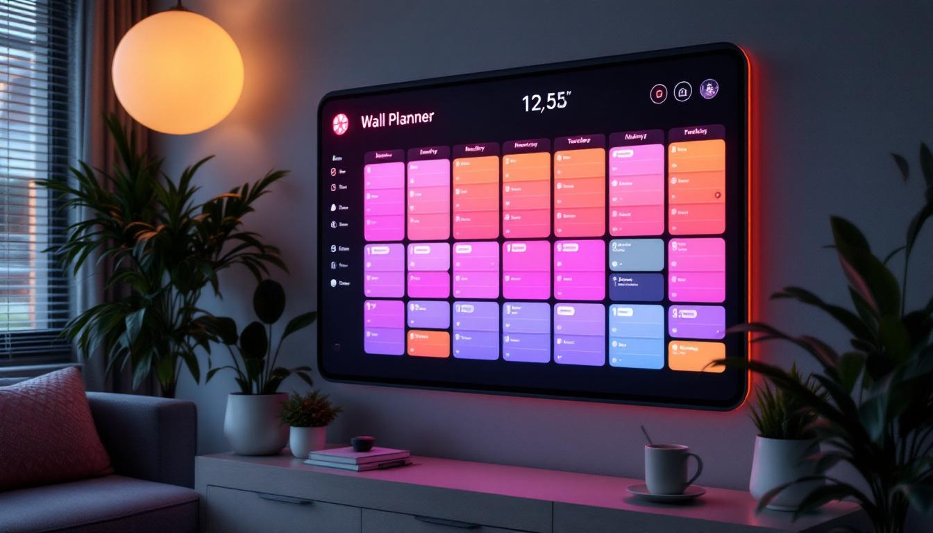 A photograph of a modern digital wall planner with an led display in a stylish home or office setting