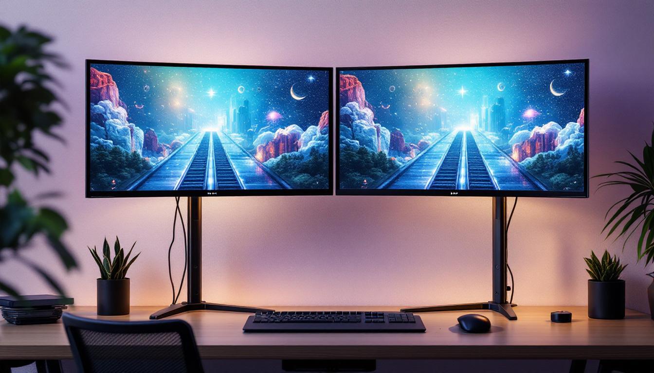 A photograph of a sleek double screen mount setup showcasing two led displays side by side
