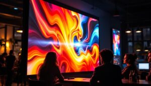 A photograph of a vibrant led projection screen in a dynamic setting