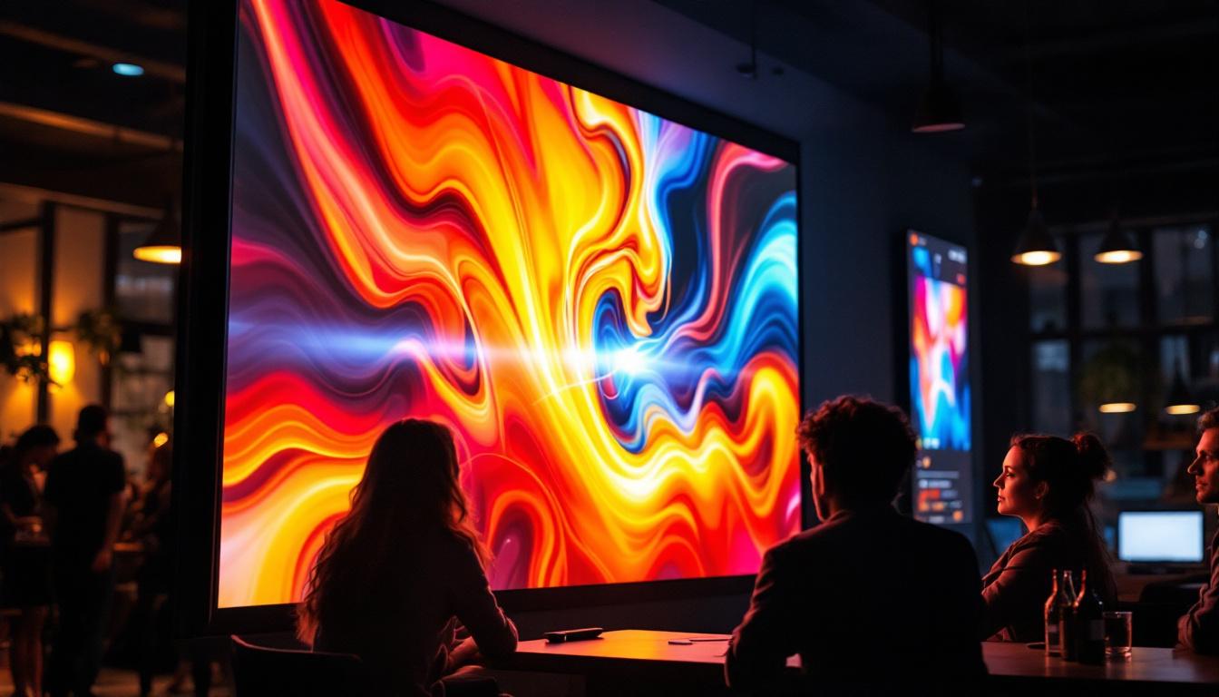 A photograph of a vibrant led projection screen in a dynamic setting