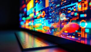 A photograph of a close-up of an led display showcasing its pixel density and vibrant colors