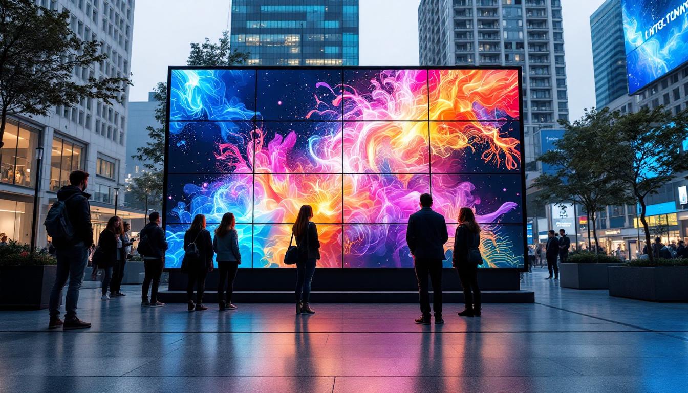 A photograph of a vibrant multi-screen led display setup in an urban environment