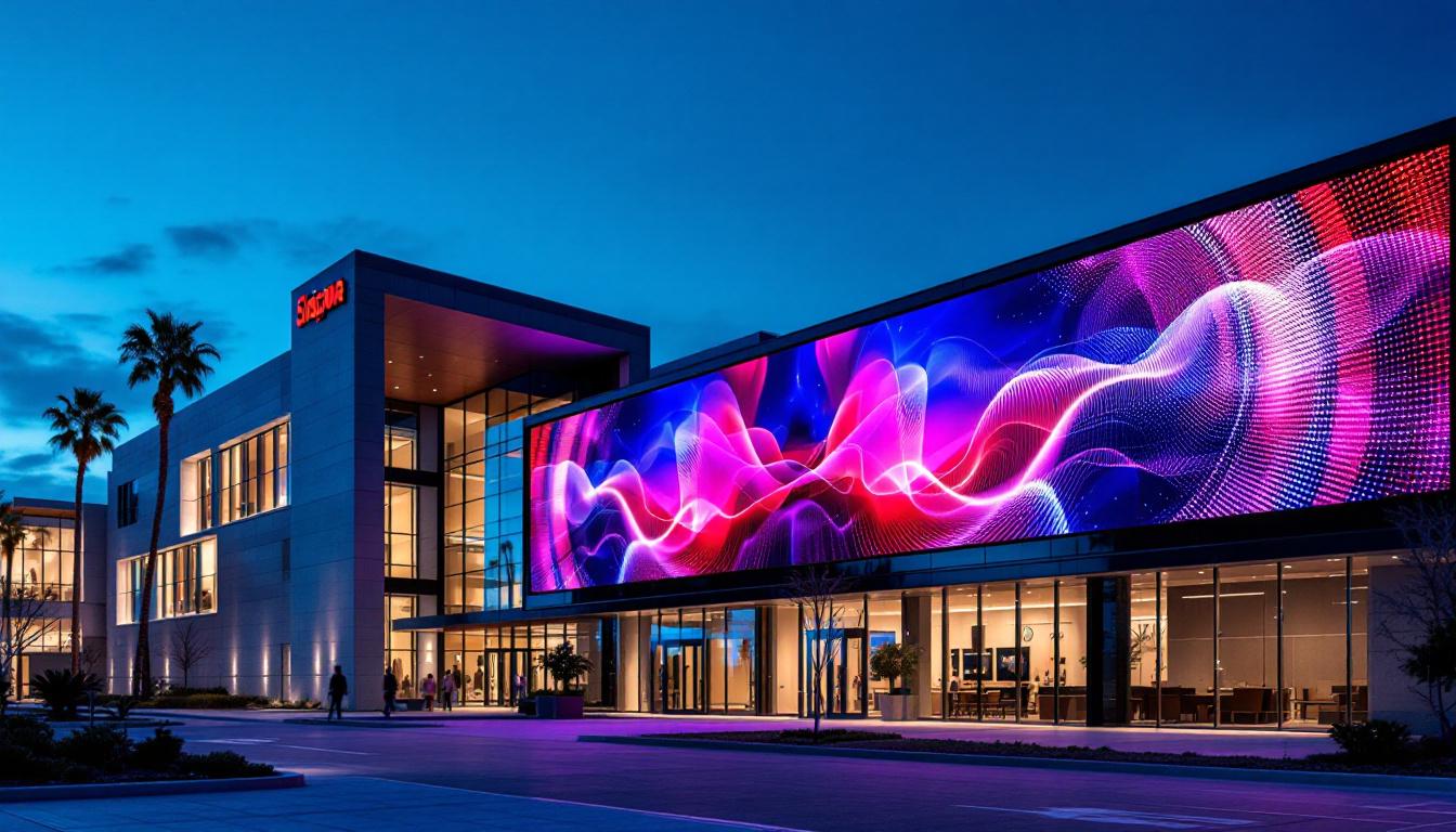 A photograph of a modern corporate or government facility in southern california featuring a vibrant led display