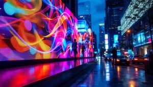 A photograph of a vibrant led display showcasing dynamic visuals in an urban setting