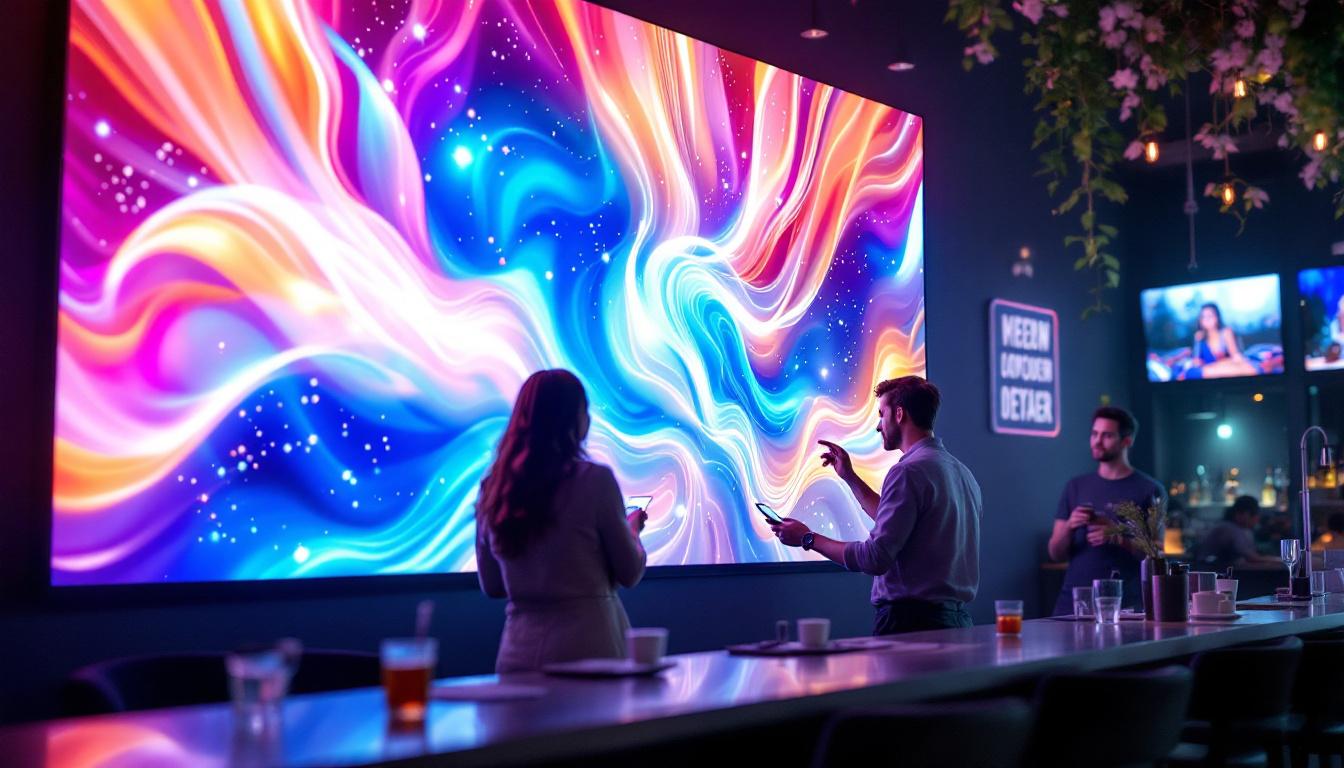A photograph of a vibrant led display in a hospitality setting