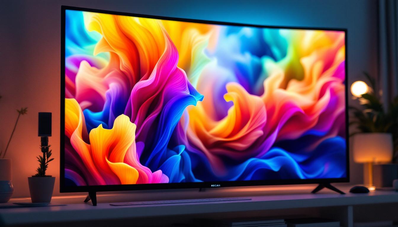 A photograph of a vibrant led tv screen displaying a high-resolution image