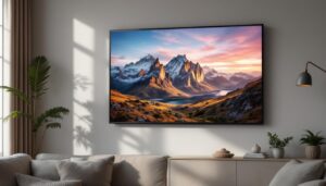 A photograph of a stylishly arranged large digital photo frame mounted on a wall