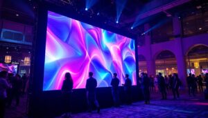 A photograph of a vibrant led display set up in a dynamic event environment