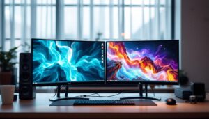 A photograph of capture a photograph of a sleek dual computer monitor setup in a modern workspace