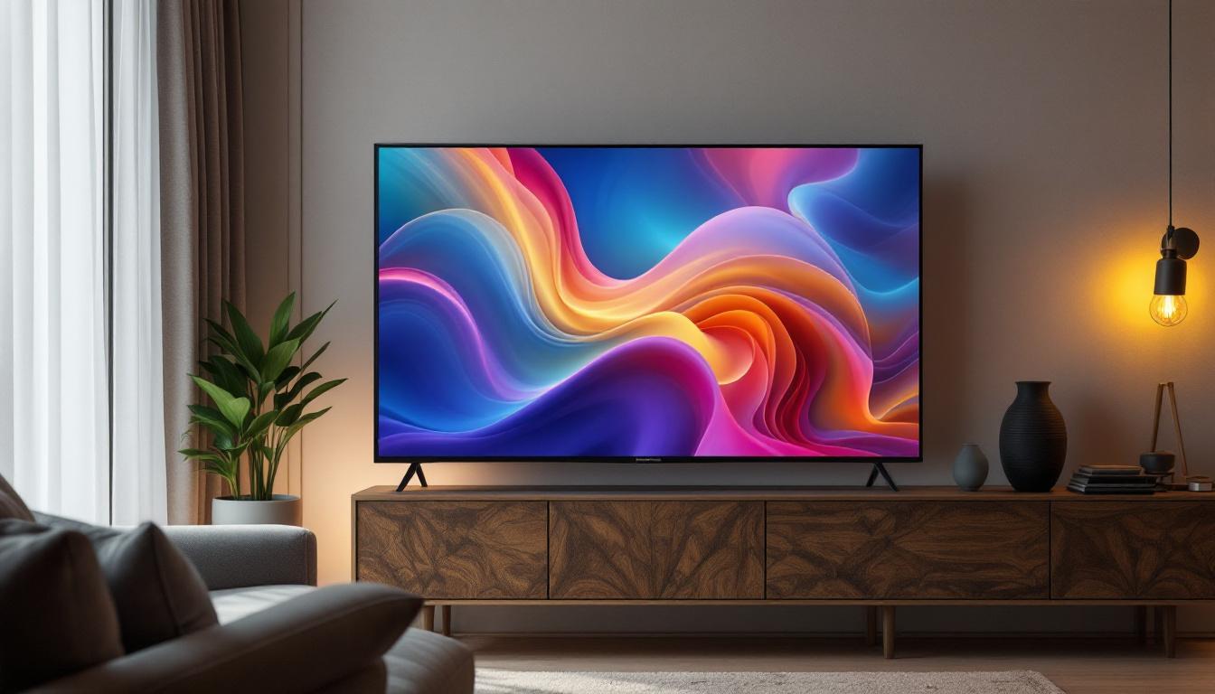 A photograph of a sleek 55-inch led tv displaying vibrant content while showcasing a privacy screen that effectively reduces glare and enhances viewing comfort in a stylish living room setting