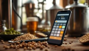 A photograph of a close-up of a brewing calculator app displayed on a smartphone or tablet