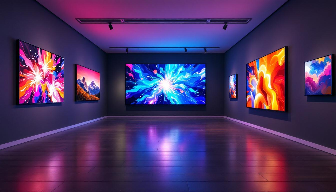A photograph of capture a photograph of a modern art gallery featuring a sleek led display system showcasing vibrant artwork