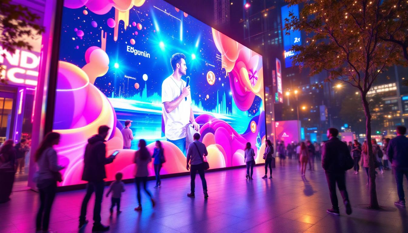 A photograph of capture a photograph of a vibrant outdoor setting featuring a large led display screen in action