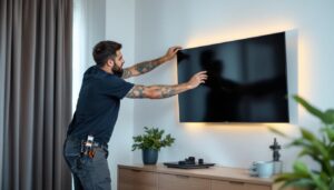 A photograph of a technician expertly installing a 75-inch led tv on a wall mount