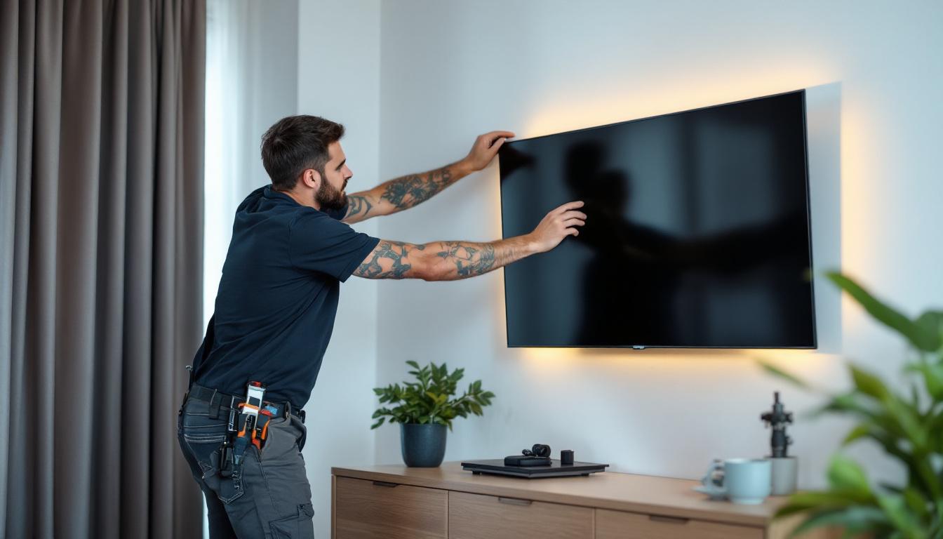 A photograph of a technician expertly installing a 75-inch led tv on a wall mount