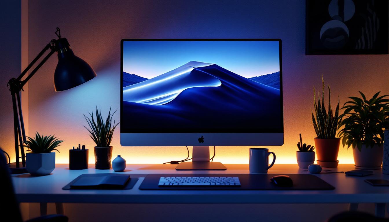 A photograph of a well-organized workspace featuring a computer monitor displaying a centered image or graphic