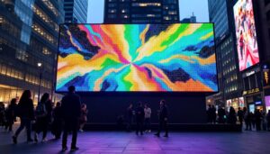 A photograph of a vibrant led display in an urban setting