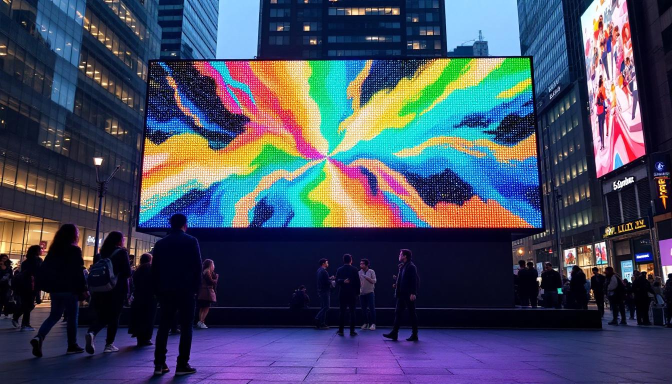 A photograph of a vibrant led display in an urban setting