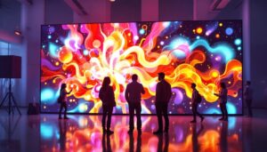 A photograph of a vibrant led display in a dynamic setting