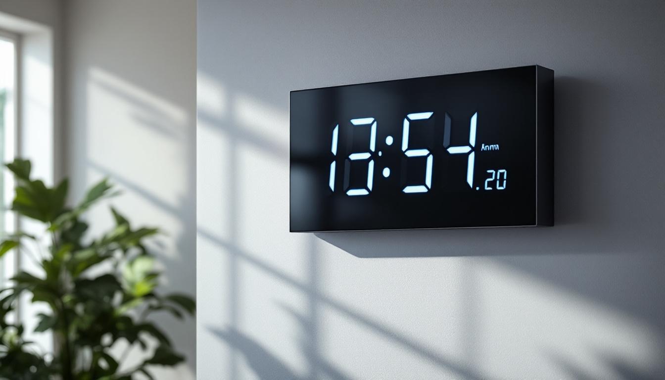 A photograph of a sleek digital led wall clock displaying the time in a well-lit