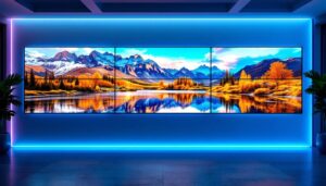 A photograph of a visually striking video wall composed of four led tvs displaying a vibrant