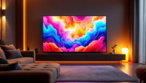 A photograph of a large led display floor model tv showcasing vibrant colors and high-definition clarity in a stylish living room setting