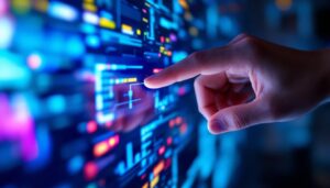 A photograph of a close-up shot of a hand interacting with a vibrant led touch screen