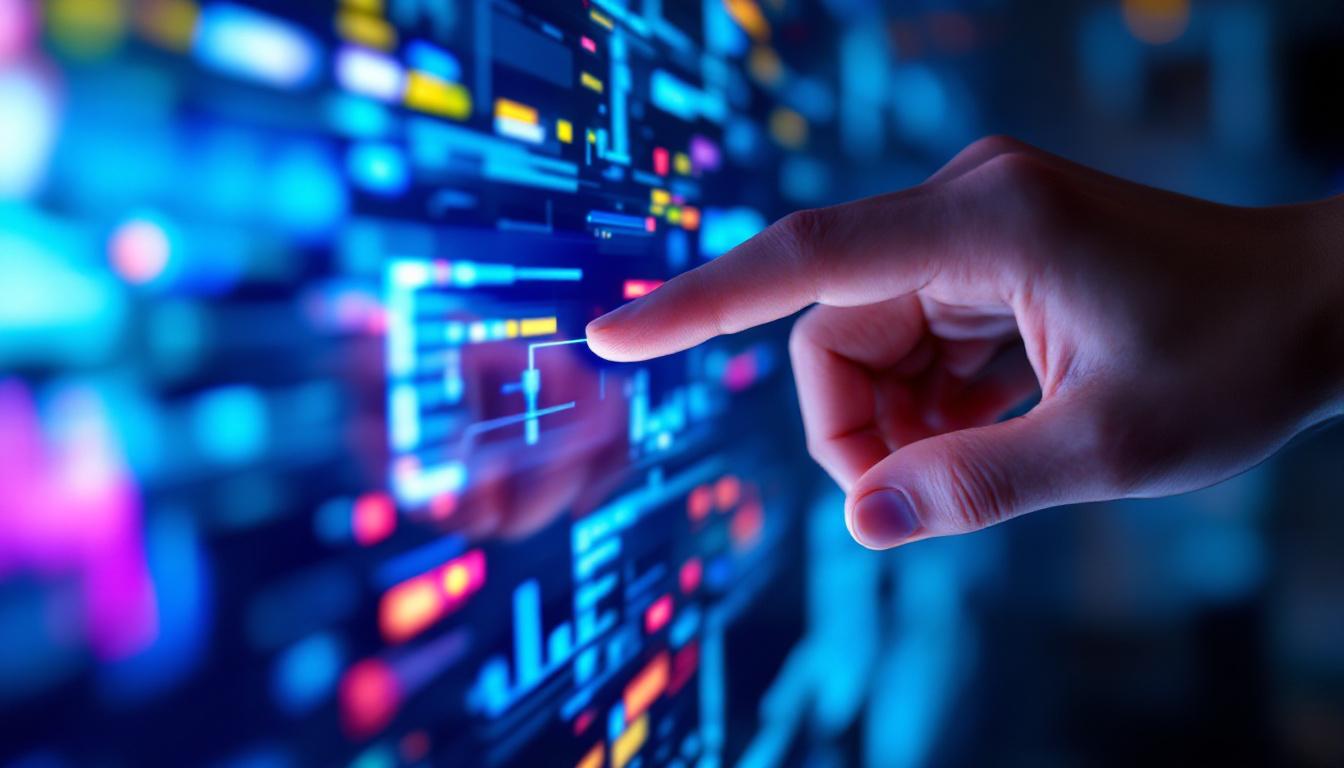 A photograph of a close-up shot of a hand interacting with a vibrant led touch screen