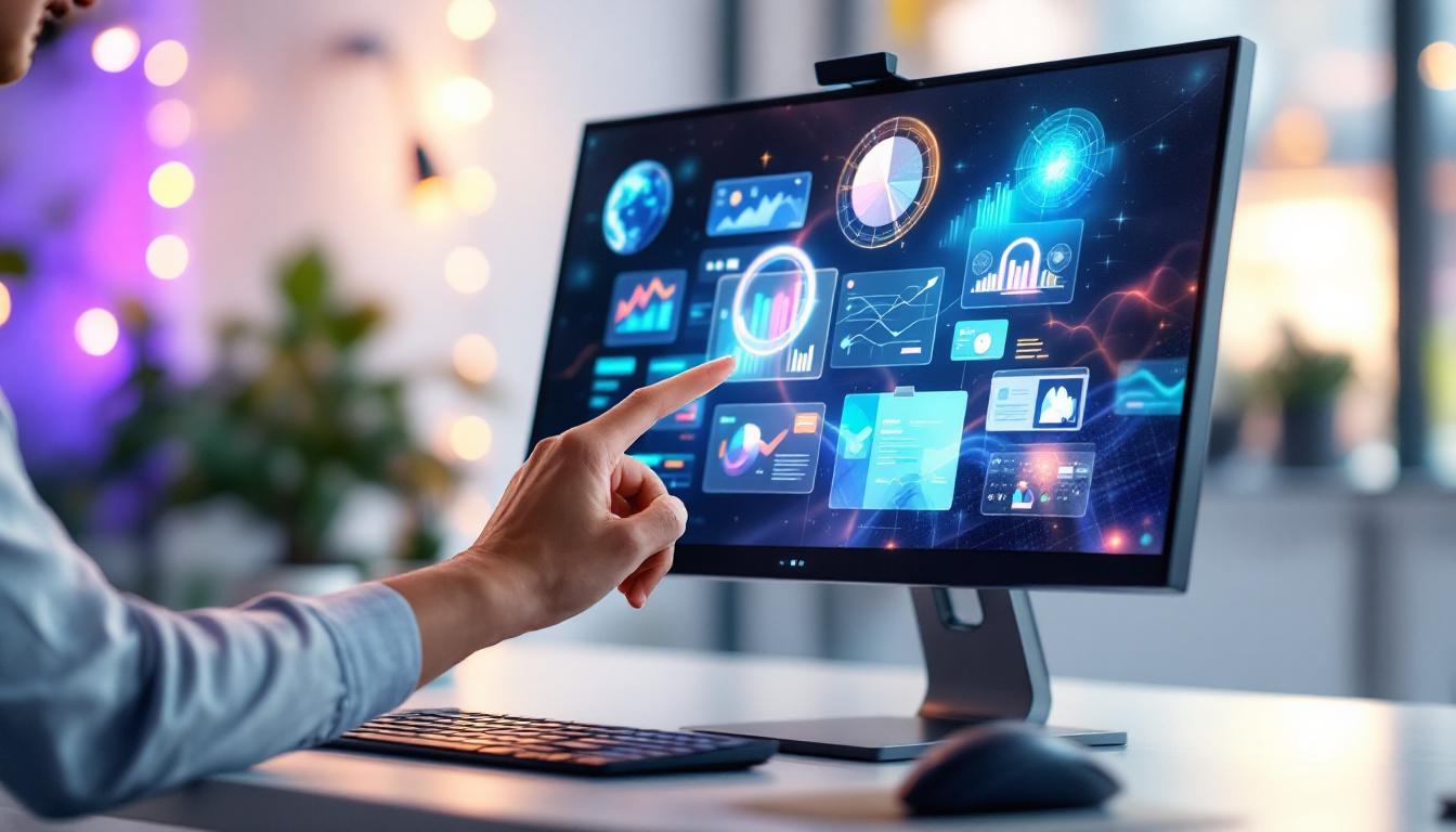 A photograph of a sleek 24-inch touch monitor displaying vibrant graphics