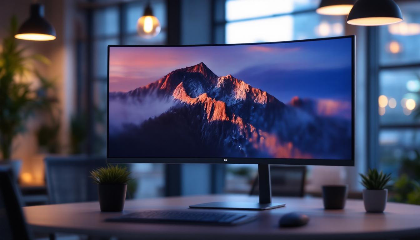 A photograph of a 24-inch led display featuring a privacy screen in a modern workspace setting