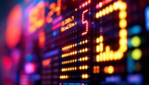 A photograph of a close-up shot of a vibrant led display