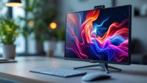 A photograph of a sleek mini tv monitor displaying vibrant visuals