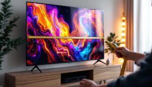 A photograph of a person measuring a tv screen with a tape measure