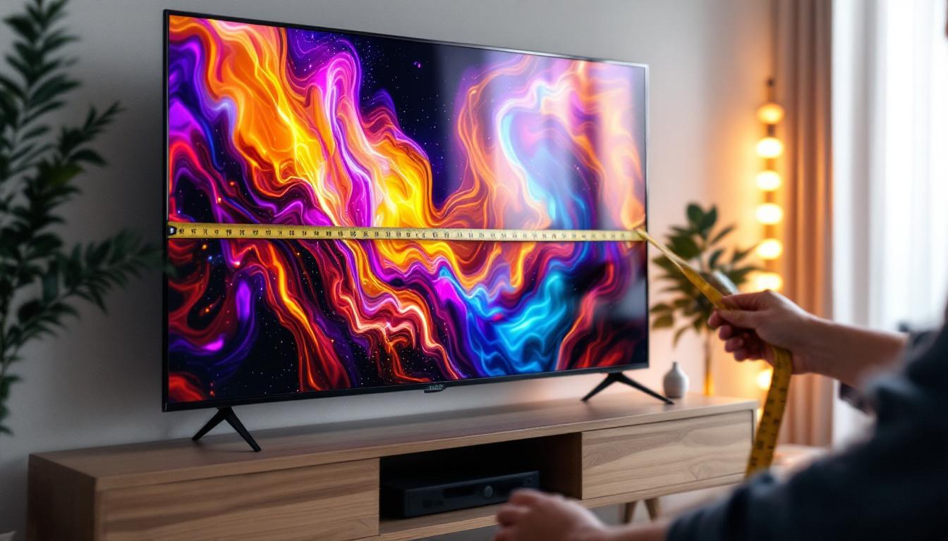 A photograph of a person measuring a tv screen with a tape measure