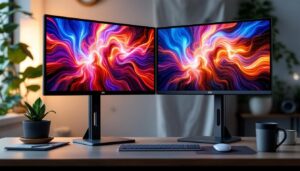 A photograph of capture a photograph of a sleek dual monitor stand with two led displays side by side