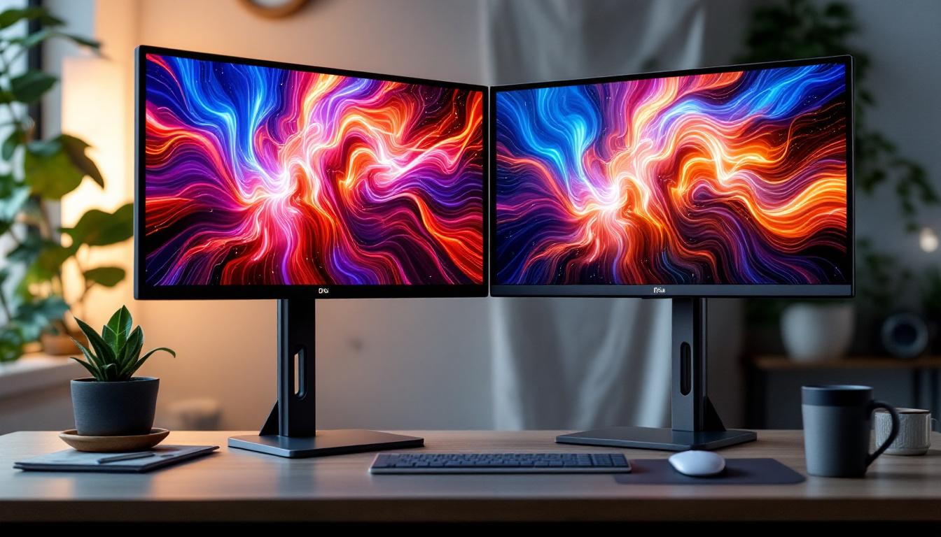 A photograph of capture a photograph of a sleek dual monitor stand with two led displays side by side