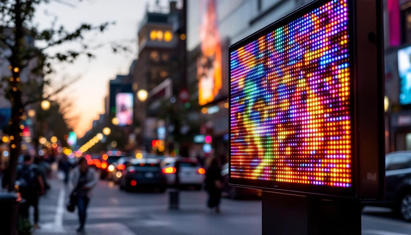 A photograph of capture a photograph of a vibrant led display in a bustling beaverton