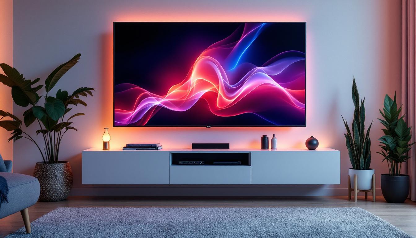 A photograph of a stylish narrow under tv cabinet featuring an led display