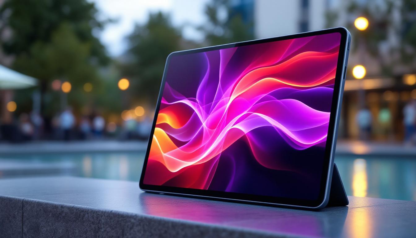 A photograph of a large portable touch screen tablet displaying vibrant