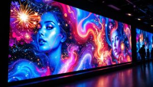 A photograph of a vibrant led display showcasing stunning artwork