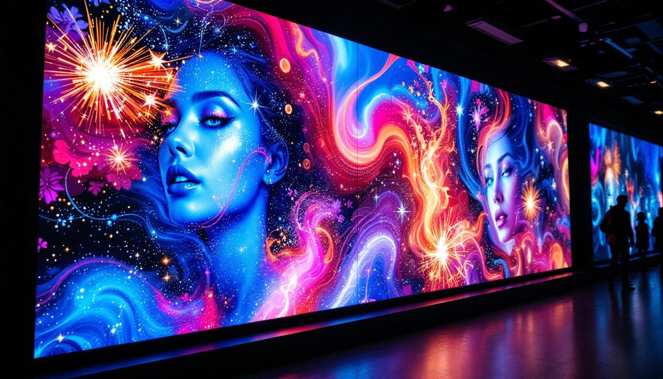 A photograph of a vibrant led display showcasing stunning artwork