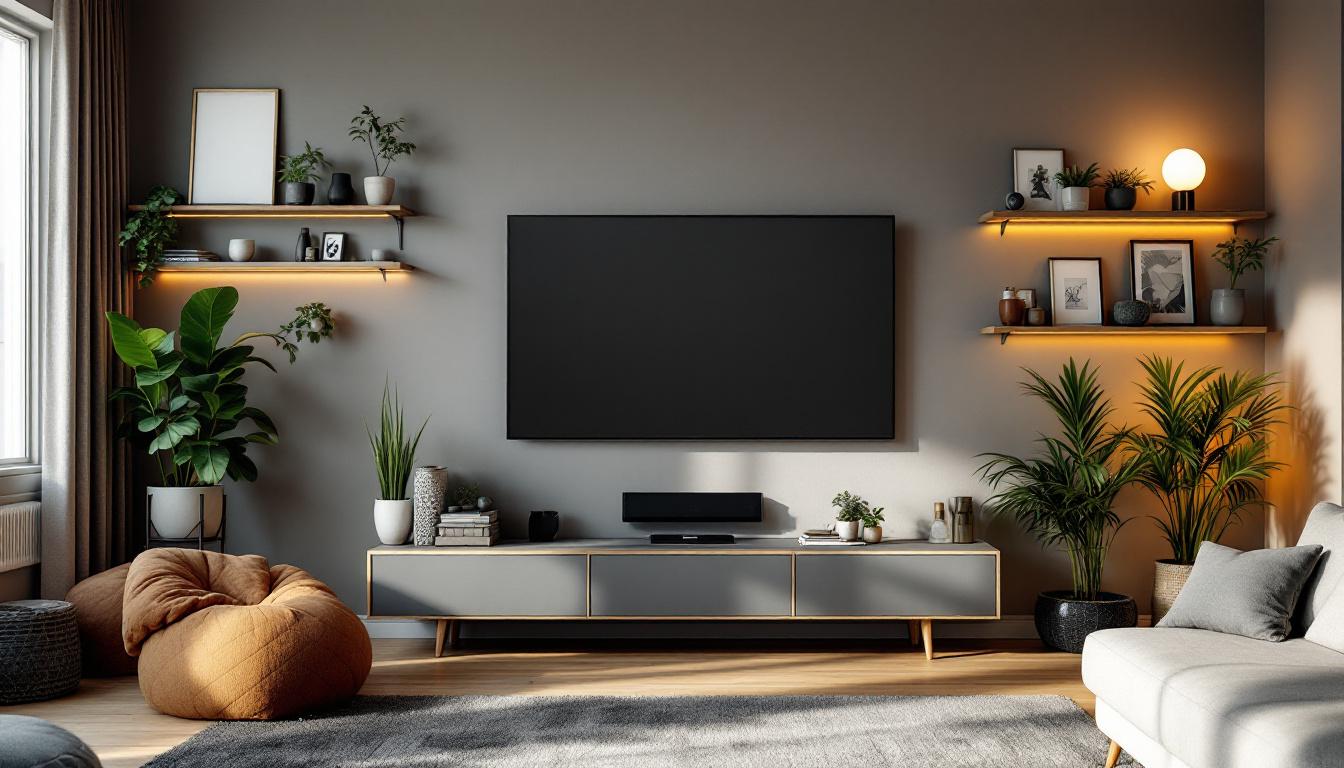 A photograph of a stylish living room featuring a large wall-mounted tv